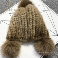 Top diseño italiano real piel pompom invierno sombrero lana